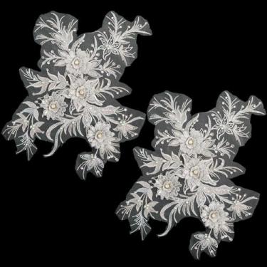 Imagem de GORGECRAFT 2 peças de tecido floral bordado 3D com strass lantejoulas apliques decorativos florais costurados em remendos de renda para casamento, vestido de noiva, vestido de festa, roupas, decote