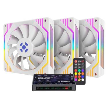 Imagem de Kit 3 Coolers 120mm Fortrek Frosty - LED ARGB - com Controladora - Branco - 84967