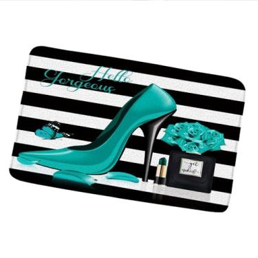 Imagem de Fashion Girl Tapete de banho salto alto frasco de perfume maquiagem preto branco listrado rosa flor senhora batom feminino dia dos namorados banheiro quarto cozinha interior tapete 45 x 75 cm