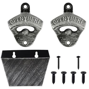 Imagem de Luwanburg Abridor de garrafas vintage montado na parede de ferro fundido cerveja refrigerante com tampa coletor parafuso em poste prata antiga para bar man caverna