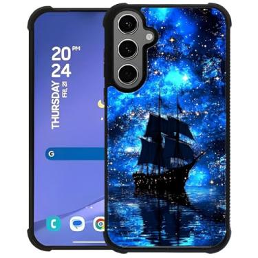 Imagem de CARLOCA Compatível com Samsung Galaxy S24 Plus S25 Plus Capa rígida à prova de choque antiderrapante padrão moderno navio pirata vela céu estrelado azul