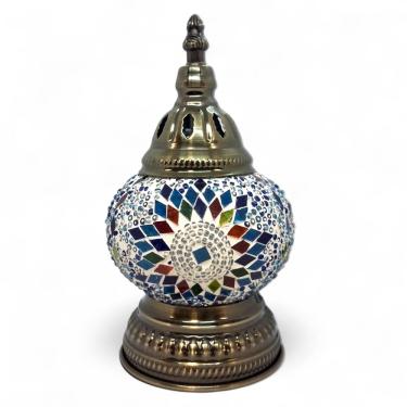 Imagem de Abajur Turco Mosaico Metal Vidro Azul e Branco Bivolt 22 cm