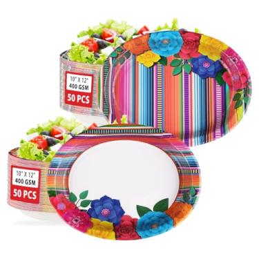 Imagem de Pratos de festa mexicana 100 peças, 25,4 x 30,5 cm, grandes, descartáveis, 400 g/m², com listras florais mexicanas, ovais, pratos de papel cinco de maio, decorações para chá de bebê, artigos de festa