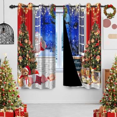 Imagem de hraiufc Cortinas blackout de Natal para janela do quarto, floresta nevada, Papai Noel, cortinas pretas para sala de estar, guirlanda de árvore de Natal, alce, escurecimento, cortinas de janela com