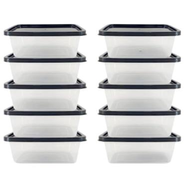 Imagem de Kit 1 litro Transparente com tampa Marmita Fitness Organizador Microondas Freezer(10,Preto)