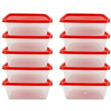 Imagem de Kit 1 litro Transparente com tampa Marmita Fitness Organizador Microondas Freezer(10,Vermelho)
