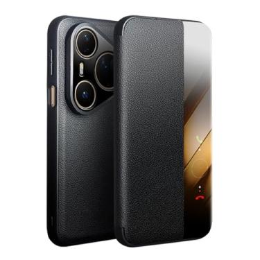 Imagem de POYUFRG Capa flip para Huawei Pura 80 Ultra/80 Pro/80 Pro+/80, Smart Viewing Window Phone Cover Slim Luxury Business Capa de couro genuíno, preta, 17 ProMax
