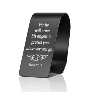 Imagem de PUVOXHO For He Will Order His Angels to Protect You Clipe de viseira de carro de aço inoxidável gravado preto, Salmo 91:11, clipes de viseira de anjo da guarda para carros, presentes de direção segura
