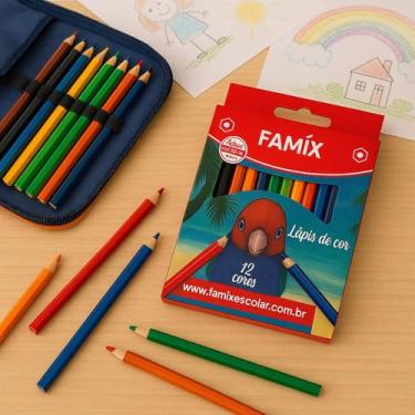 Imagem de Kit com 30 Lápis de Cor 12 Cores Mini Meio Pequeno Famix Material Esco