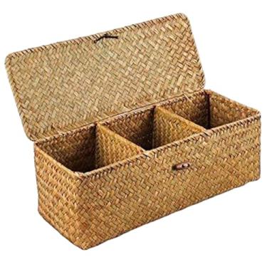 Imagem de Cesta de vime, 33 x 12,7 x 10 cm, cesta de armazenamento de vime de 3 seções com tampa, rolo higiênico retangular para organizar lanches, maquiagens