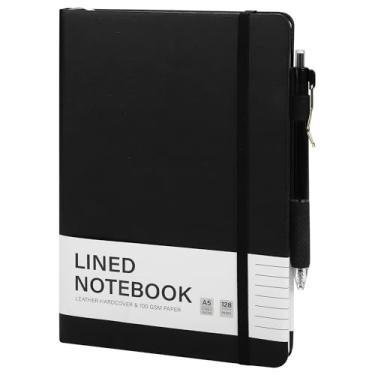 Imagem de Aodaer Caderno pautado com caneta, cadernos A5, 100 g/m², pautado, capa dura, bloco de notas de couro PU com suporte de caneta para escritório, escola, 14 x 21 cm, preto