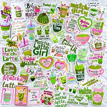 Imagem de Pacote de 50 peças de adesivos femininos Kawaii Matcha – Cute Pastel Verde Rosa Estético Matcha Citações Vinil Adesivos de Chá Japonês para Amantes Matcha, Laptops, Diários, Scrapbook