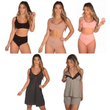 Imagem de Kit 3 Sutiã de Amamentação +3 Calcinha Cós Alto Pós Parto +1 Camisola 