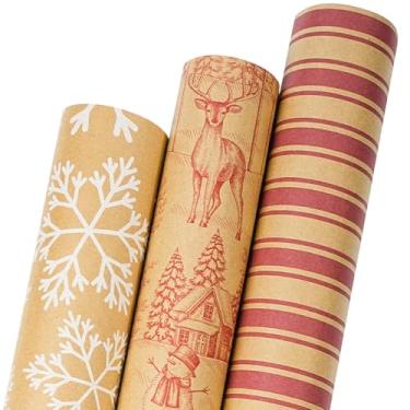 Imagem de LaRibbons Rolos de papel de embrulho de Natal Kraft com linhas cortadas, design rústico de papel higiênico/veado/bolinhas / listras para feriados, 43 cm (3 rolos: 100 m²)