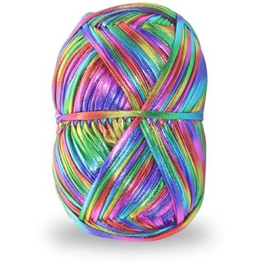 Imagem de Fio de camiseta metálica 140 metros de tecido de tricô tecido de crochê brilhante para iniciantes em crochê faça você mesmo bolsa de artesanato à mão cobertor projetos de almofada (arco-íris)