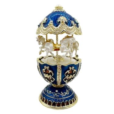 Imagem de FJ FENGZHIJIE Caixa de música de carrossel azul dourado, caixa de joias de melodia de Natal com cavalo giratório, lembrança de bugiganga esmaltada com detalhes dourados