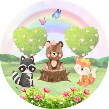 Imagem de Painel de Lona Redondo Animais da Floresta Aquarela Arco Íris - Fabrik