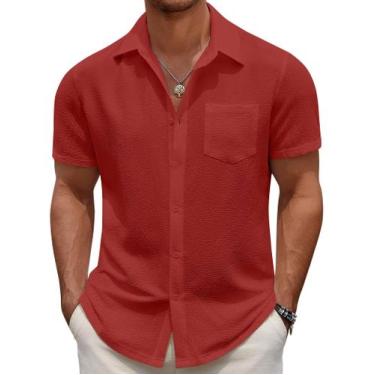Imagem de Camisa masculina casual COOFANDY com botões e manga curta texturizada