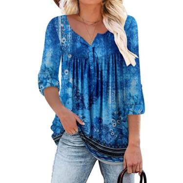Imagem de Túnica feminina ROSELINLIN, manga comprida, azul, floral, XXL