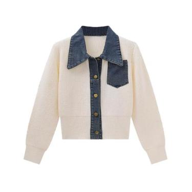 Imagem de Suéter, cardigã, fenclushy, patchwork jeans para mulheres, branco XS