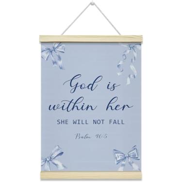 Imagem de Moldura para pôster de laço azul, decoração de parede cristã, arte de parede inspiradora com cabide de pôster de madeira, quarto de meninas, sala de estar, terapia de escritório, decoração de