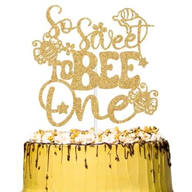 Imagem de So Sweet to Bee One Cake Topper, Bee Baby Shower Decorations, Honeybee First Birthday Party Decoration Supplies, Honeybee Themed Birthday Decoration Gold Glitter