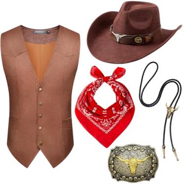 Imagem de Tuxsuitown 5 peças de roupa de cowboy para homens, fantasia de caubói, colete de faroeste, chapéu e acessórios para festa do Velho Oeste de Halloween, Café, M
