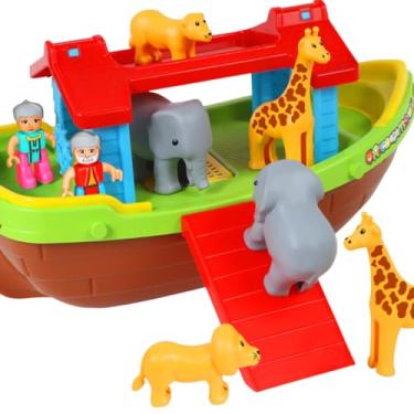 Imagem de Kit Brinquedo Arca de Noé de com 2 Bonecos e 6 Animais para Montar ideal para estimular a criatividade das crianças