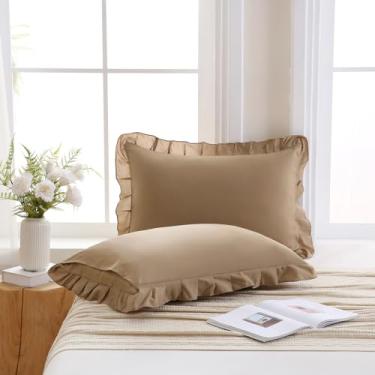 Imagem de Merryword Fronhas de travesseiro Taupe com babado acastanhado, conjunto de 2 fronhas de microfibra macia chique, pacote com 2