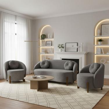 Imagem de Kit 01 Sofá 2 Lugares + 02 Poltronas Orgânicos c/ Almofadas Curvo Sala Recepção Amsterdã Boucle Cinza - Montanari`s Decor