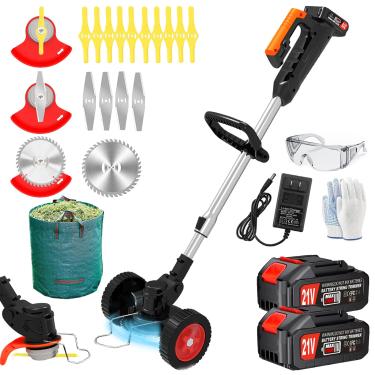 Imagem de Aparador elétrico de ervas daninhas sem fio alimentado por bateria, aparador de ervas daninhas leve de 21 V sem fio com 2 pilhas e rodas, aparador de grama 3 em 1 sem cordas/cortador de escova para