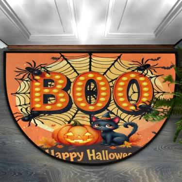Imagem de Tapete de porta meio redondo de Halloween, gato, aranha, abóbora, lua, antiderrapante, entrada para ambientes internos, semicírculos, banheiro, tapetes externos, capacho resistente para cozinha, sala