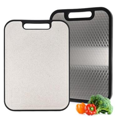 Imagem de KANIXUM Tábua de corte dupla face, 25 x 35 cm - Tábua de cortar de aço inoxidável reversível e plástico PP, antiderrapante, lavável na lava-louças, para carne, legumes, frutas com sulco de suco