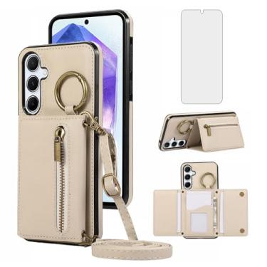 Imagem de Capa carteira compatível com Samsung Galaxy A15 5G/4G com protetor de tela de vidro temperado, alça de ombro transversal, anel, fivela, suporte para cartão, capa de telefone para A 15 G5 15A mulheres