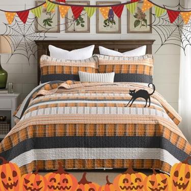 Imagem de Homzard Conjunto de edredom queen laranja queimado, colcha de algodão, tamanho queen, caramelo neurtal laranja preto, conjunto de colcha listrada xadrez, conjunto de cama leve de verão, 3 peças