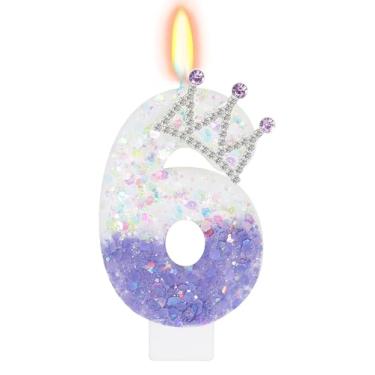 Imagem de ElekFX Vela branca roxa número 6, topo de bolo com coroa de glitter, decorações de festa de aniversário de princesa para meninas e mulheres, lembrancinhas de festa de aniversário