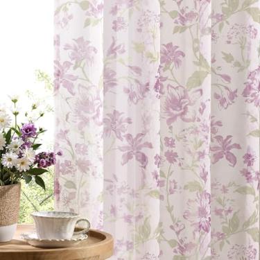Imagem de Cortinas florais violeta de 153 cm de comprimento, 2 painéis para varão, bolso para varão, filtro de luz, romântico, flor de lavanda empoeirada, cortinas transparentes vintage elegantes para berçário