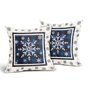 Imagem de Evlaschin Conjunto de 2 capas de travesseiro de flocos de neve de inverno de 50,8 x 50,8 cm, xadrez, búfalo, azul, preto, algodão, linho, fronhas, férias, interior, exterior, sofá, sofá, quadrado