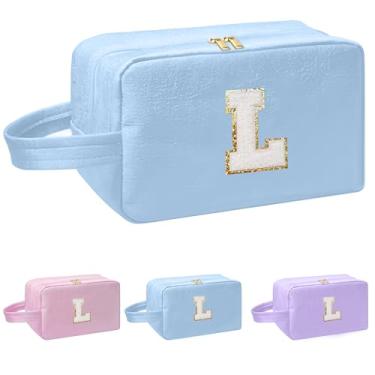 Imagem de I IHAYNER Bolsa de maquiagem inicial para mulheres, presentes de aniversário para meninas de 4, 5, 6, 7, 8, 9, 10, 11, 13, 14 anos, bolsa de cosméticos, bolsa de higiene pessoal, Azul, L, G