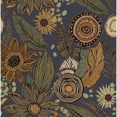 Imagem de Papel de parede Boho Peel and Stick, Vintage Blue Yellow Floral Contact Paper 44.5 cm x 998.2 cm, flores botânicas antigo retro absract papel de parede autoadesivo removível à prova d'água para