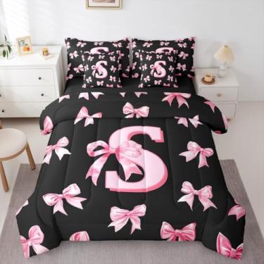 Imagem de Erosebridal Jogo de cama infantil fofo com laço rosa, tamanho casal, com letra P, lençol com laço de coquete, inicial S, conjunto de cama com laço de coquete e monograma