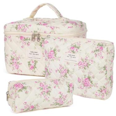 Imagem de Bolsa de maquiagem Honitty Quilted Cosmetic Bags, conjunto floral de 3
