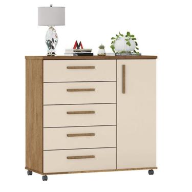 Imagem de Cômoda Sapateira Barcelona 5 Gavetas em MDF com Puxador em MDF Amêndoa Off White Estilo...