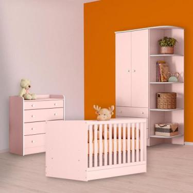 Imagem de Berço Mini Cama, Cômoda Trocador e Guarda Roupa Rosa - Qmovi