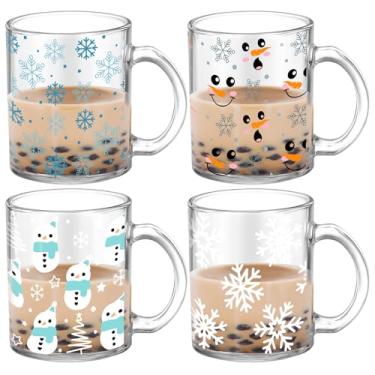 Imagem de Tioncy 4 peças canecas de café de inverno 340 g copos de vidro de boneco de neve com alça xícara de café de inverno caneca branca presentes de Natal recipientes de bebida para suprimentos de festa