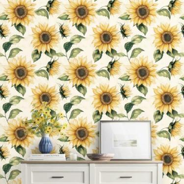Imagem de Papel de parede de girassol moderno, 43 cm × 400 cm, papel de parede floral espesso, descasque e cole, papel de contato removível à prova d'água para quarto, armários, papel de parede decorativo de