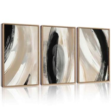 Imagem de KUVIOKE Arte de parede emoldurada abstrata preta neutra minimalista grafite pastel decoração de parede ilustração moderna pintura artística para quarto sala de jantar 40,6 x 61 cm (moldura natural)