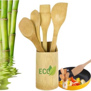 Imagem de Kit de Utensílios de Cozinha em Bambu, 5 Peças Kit Culinário Colher com Suporte