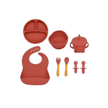 Imagem de Kit Introdução Alimentar Bebê 8 Peças de Silicone e Sem Pontas para Iniciação de Alimentos Livre de BPA Atóxico - Colher, Garfo, Copinho, Pote e Pratinho - Linha Premium (Vermelho)
