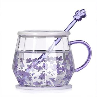 Imagem de GRFIT Caneca de flor de cerejeira com tampa copo de água quente de borossilicato bonito colher de mexer menina copo de café menina presente caneca de café (cor: diamante roxo estrela)